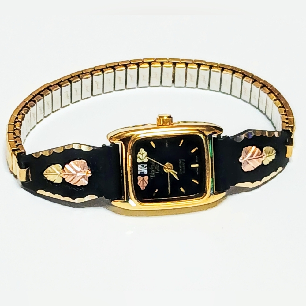 Ladies Black Hills Gold Diamond Watch Black Tips Rose/Yellow Gold Leaves Stretch